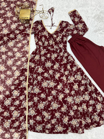 Dark Maroon Floral Print Pure Micro Cotton Anarkali 3pc Kurta Set