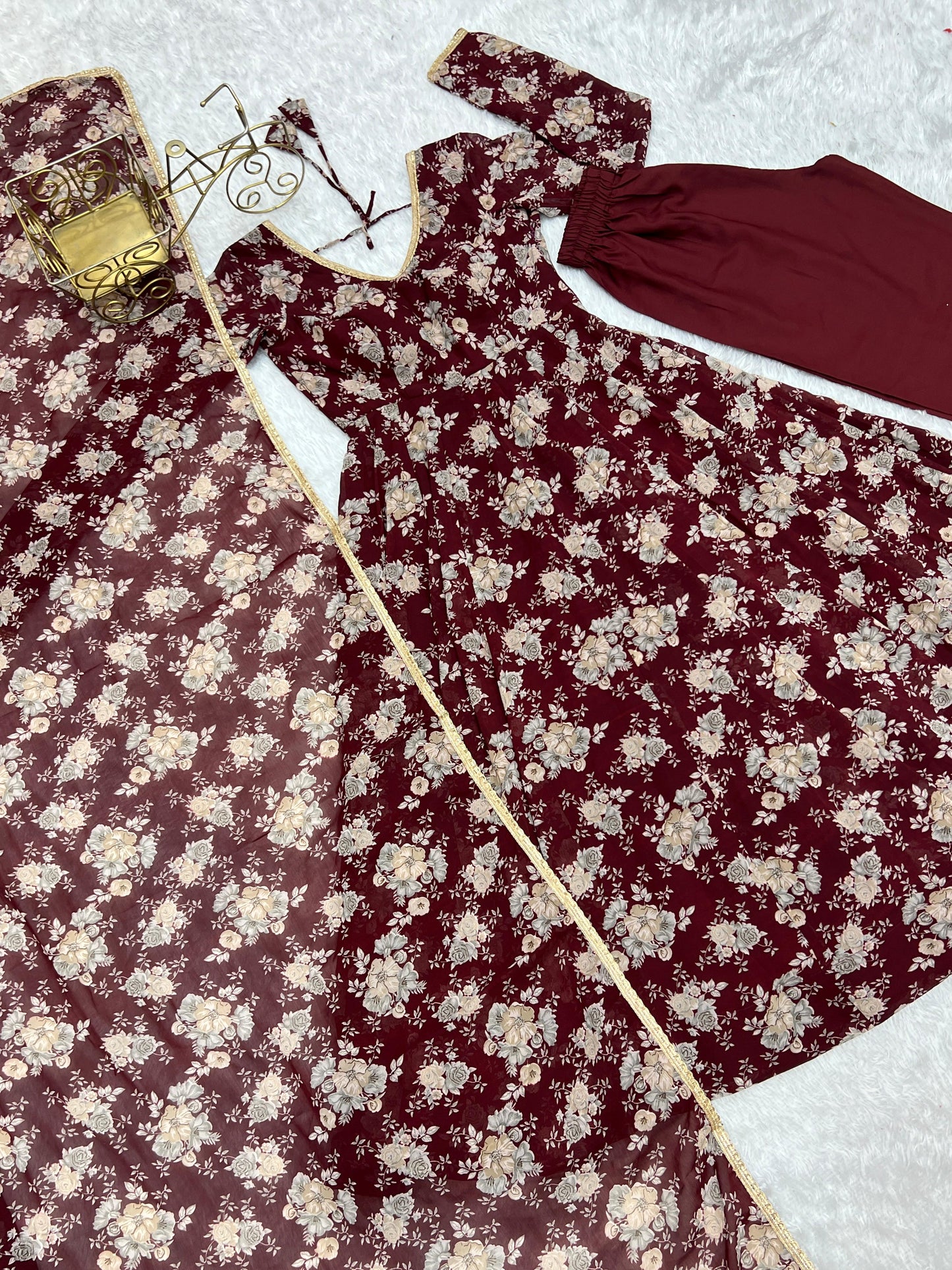 Dark Maroon Floral Print Pure Micro Cotton Anarkali 3pc Kurta Set