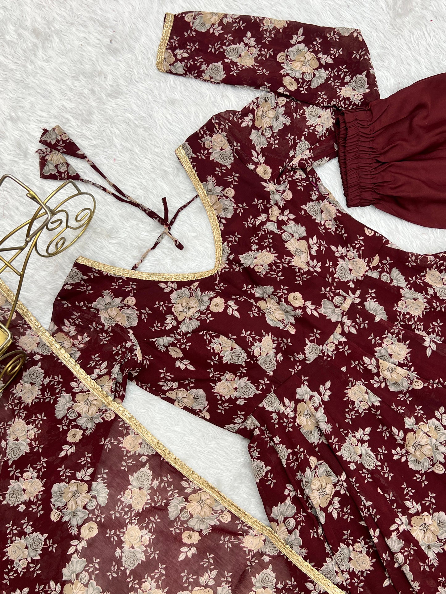 Dark Maroon Floral Print Pure Micro Cotton Anarkali 3pc Kurta Set