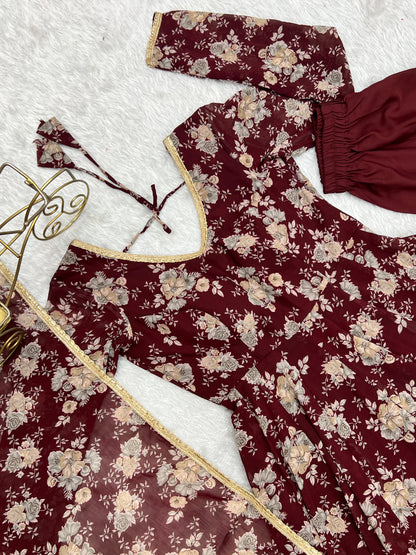 Dark Maroon Floral Print Pure Micro Cotton Anarkali 3pc Kurta Set