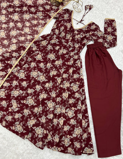 Dark Maroon Floral Print Pure Micro Cotton Anarkali 3pc Kurta Set