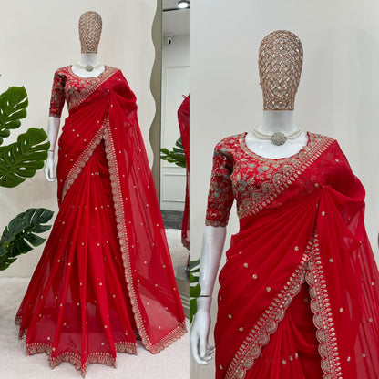 Red Heavy Tibby Silk Sequins Embroidery Saree