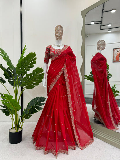 Red Heavy Tibby Silk Sequins Embroidery Saree