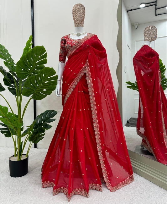 Red Heavy Tibby Silk Sequins Embroidery Saree