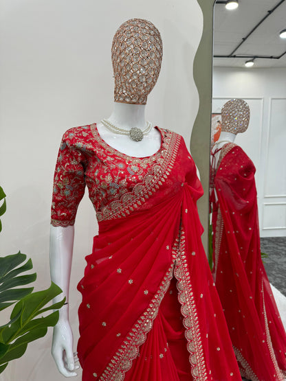 Red Heavy Tibby Silk Sequins Embroidery Saree
