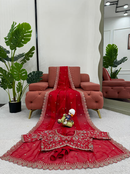 Red Heavy Tibby Silk Sequins Embroidery Saree