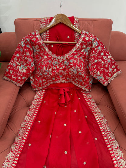 Red Heavy Tibby Silk Sequins Embroidery Saree