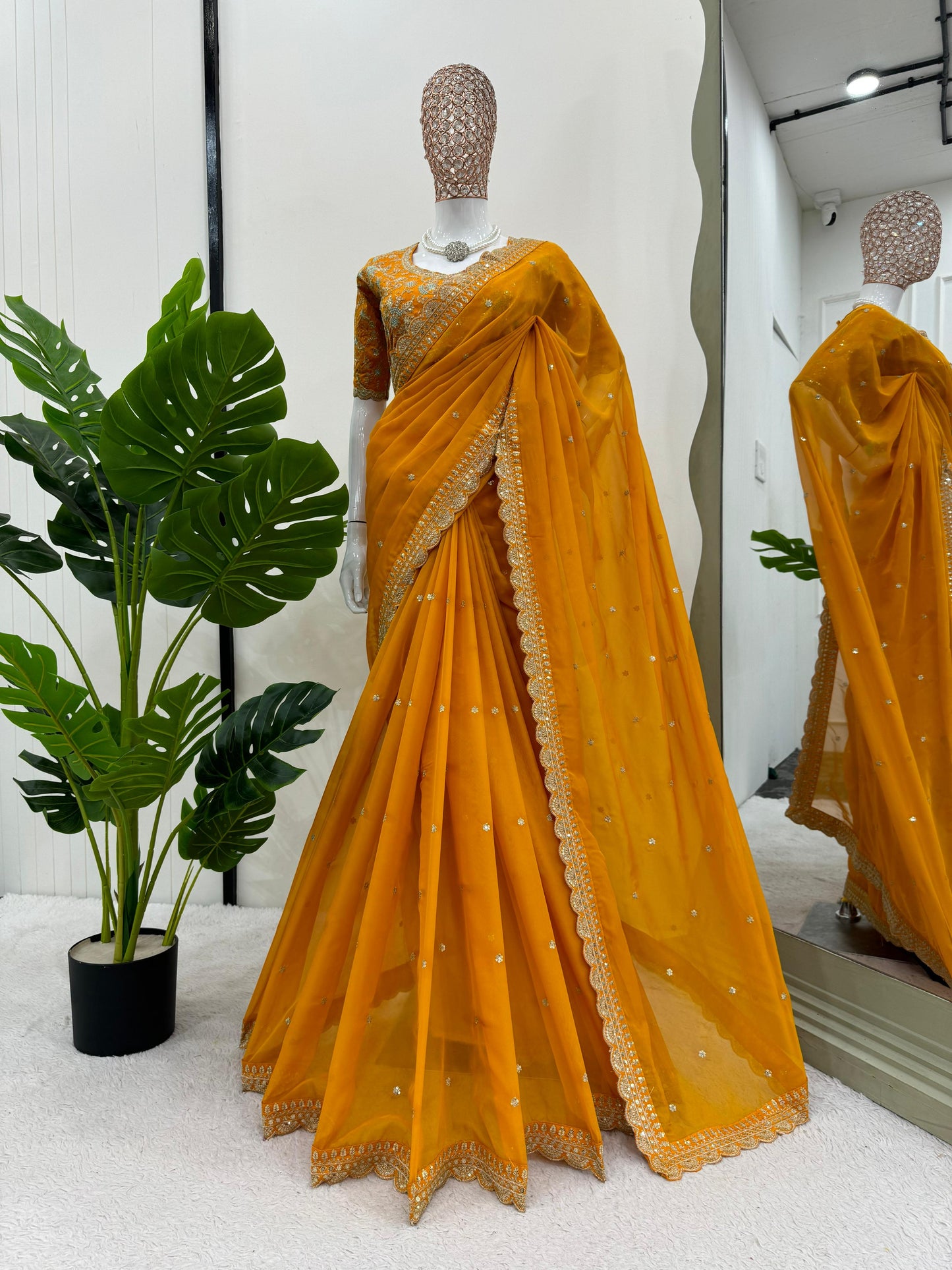 Mustard Heavy Tibby Silk Sequins Embroidery Saree