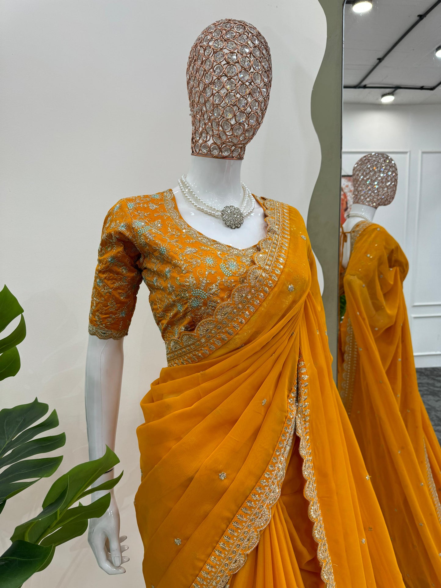 Mustard Heavy Tibby Silk Sequins Embroidery Saree