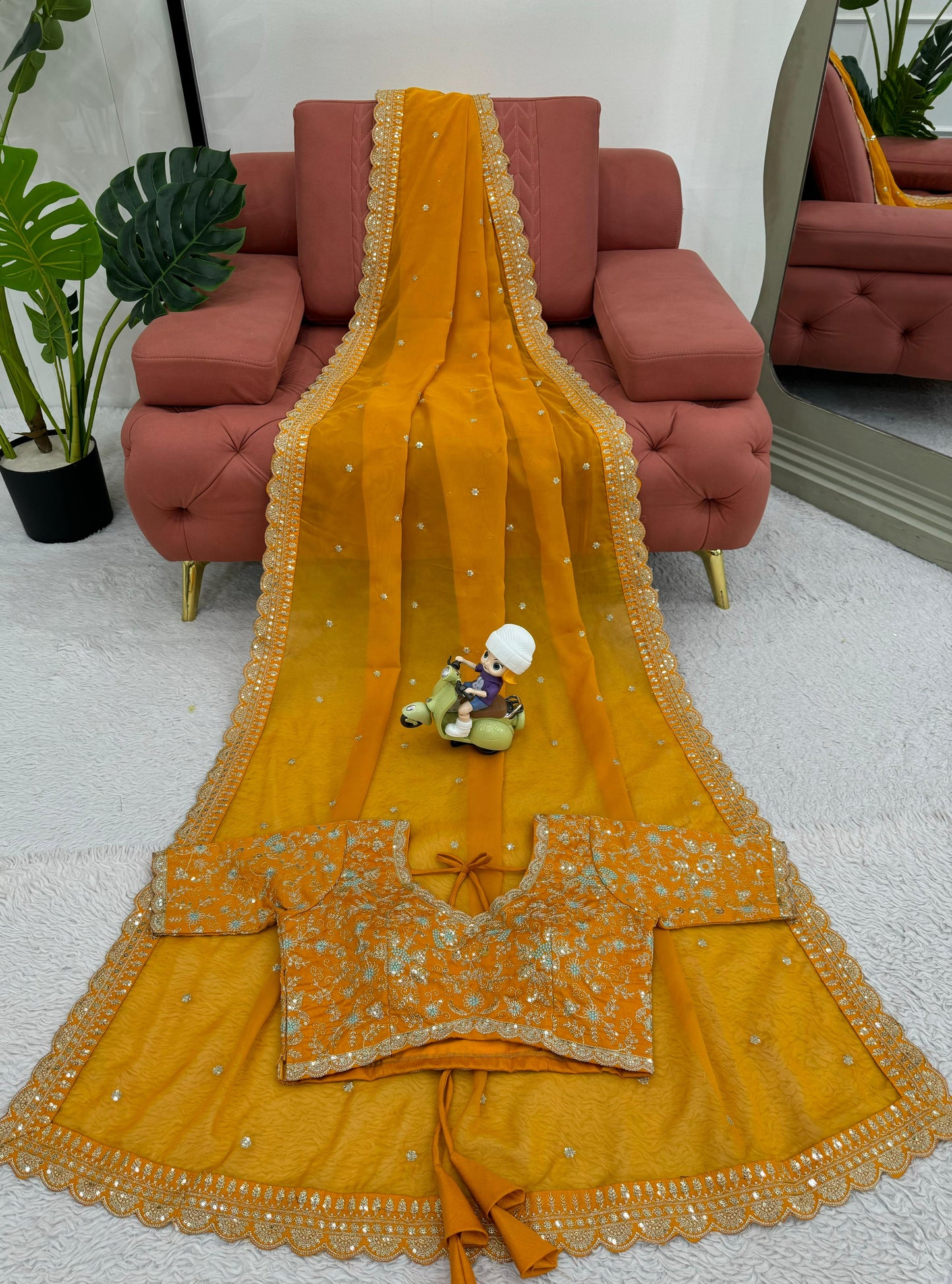 Mustard Heavy Tibby Silk Sequins Embroidery Saree