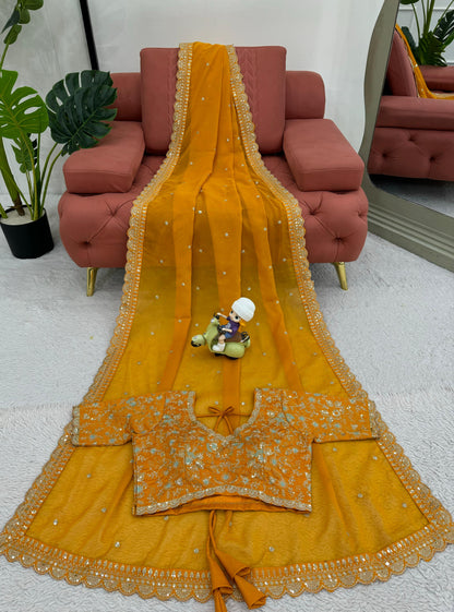 Mustard Heavy Tibby Silk Sequins Embroidery Saree