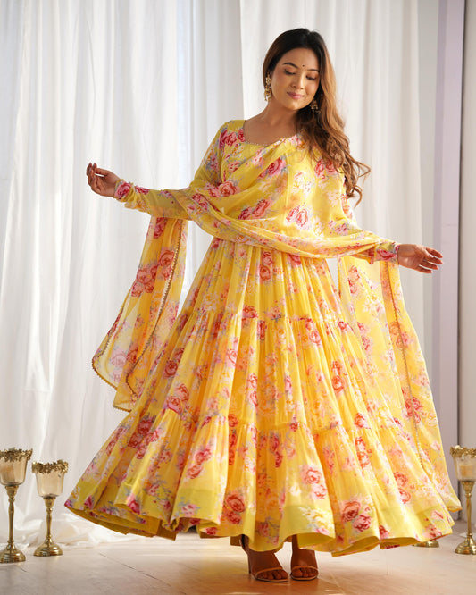 Yellow Color Georgette Floral Print Anarkali 3pc Kurta Set