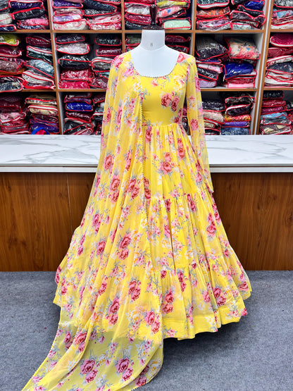 Yellow Color Georgette Floral Print Anarkali 3pc Kurta Set