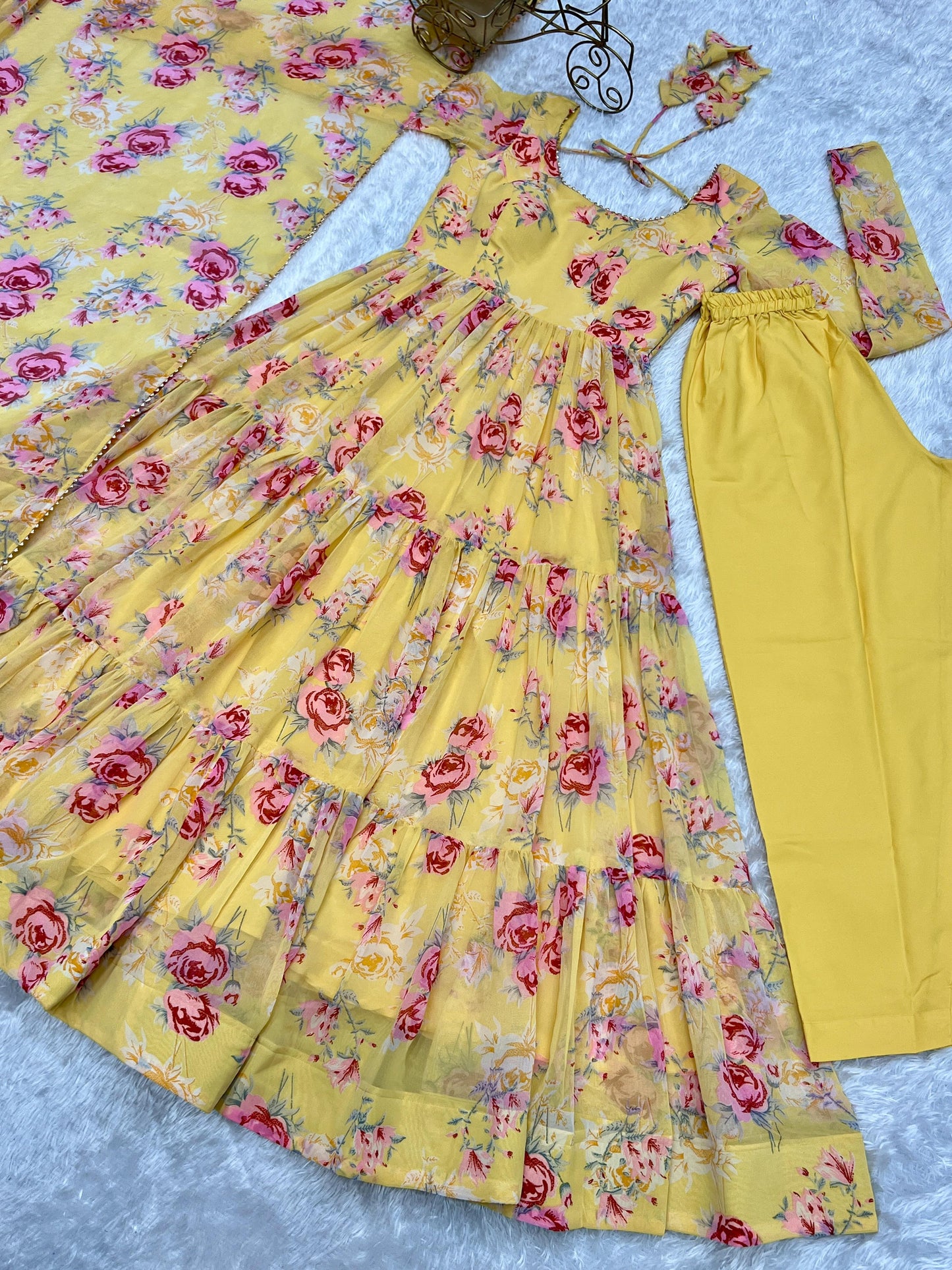 Yellow Color Georgette Floral Print Anarkali 3pc Kurta Set