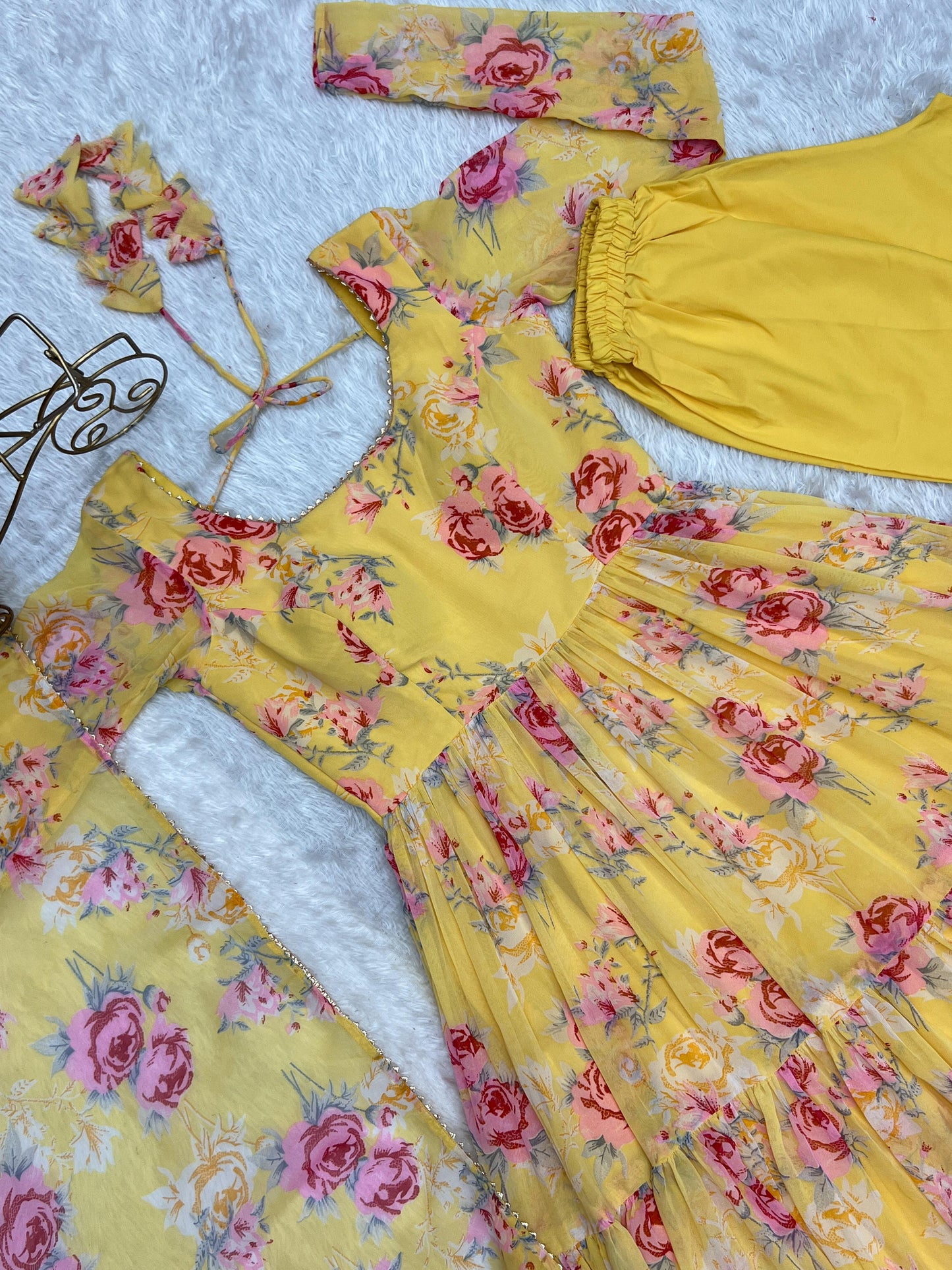 Yellow Color Georgette Floral Print Anarkali 3pc Kurta Set