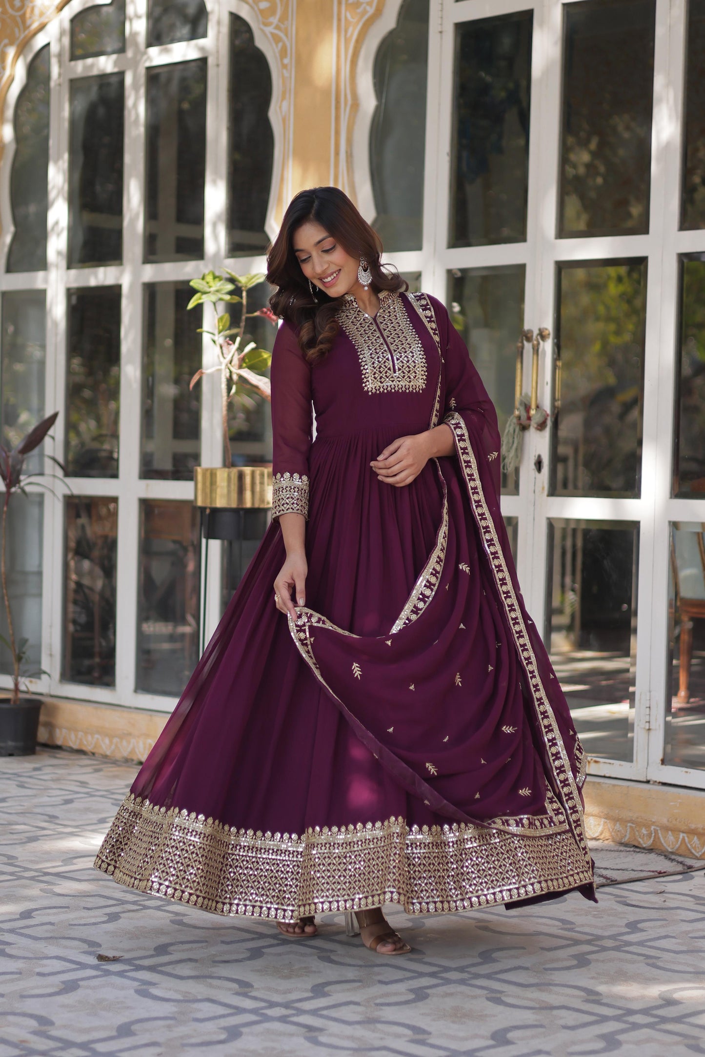 Faux Blooming Georgette Rich Sequins Work Gown With Dupatta Set