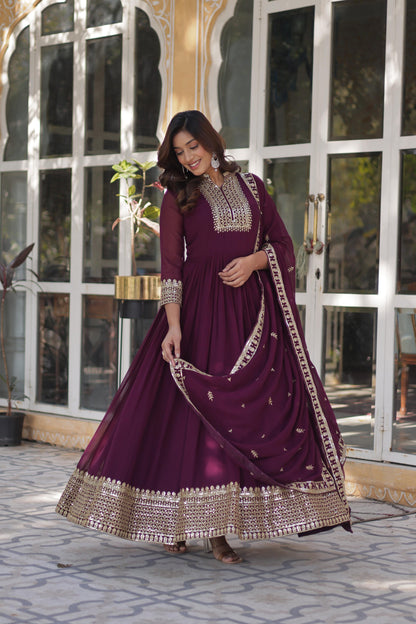 Faux Blooming Georgette Rich Sequins Work Gown With Dupatta Set