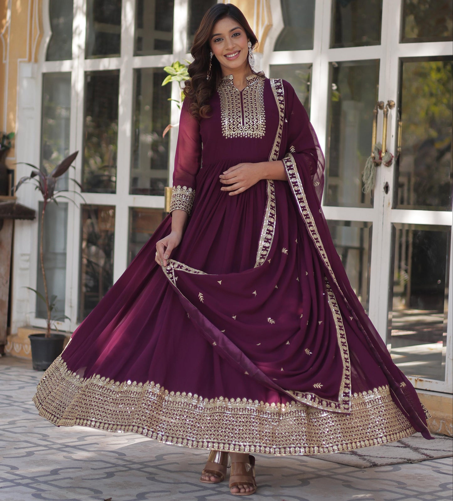 Faux Blooming Georgette Rich Sequins Work Gown With Dupatta Set