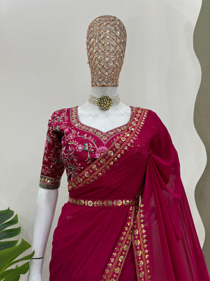Maroon Faux Georgette Sequence Embroidery Work With Kamar Belt Saree