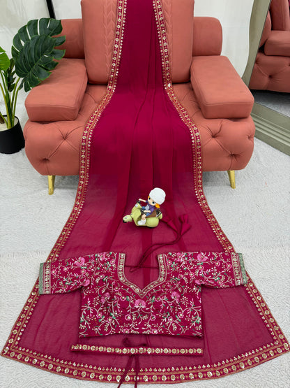 Maroon Faux Georgette Sequence Embroidery Work With Kamar Belt Saree