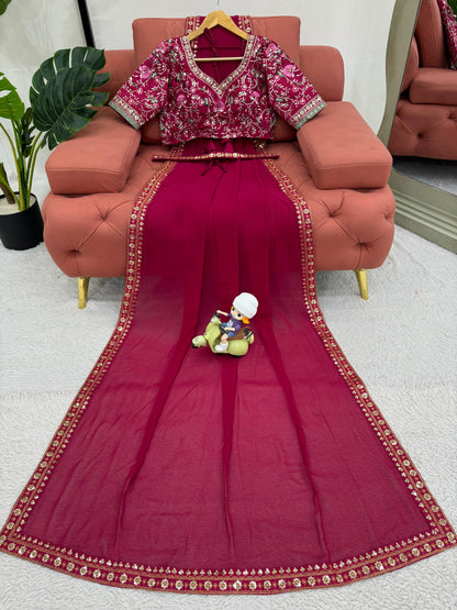 Maroon Faux Georgette Sequence Embroidery Work With Kamar Belt Saree