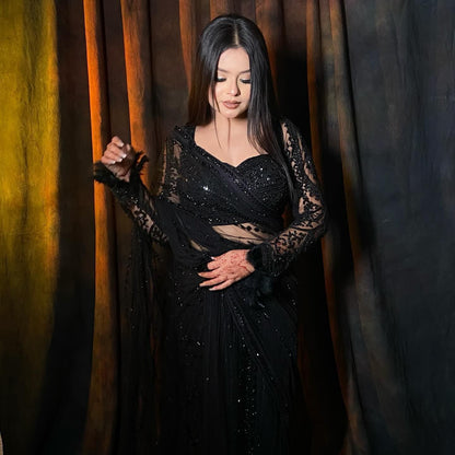 Beautiful Black Soft NetThread & Sequins work Saree