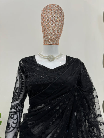 Beautiful Black Soft NetThread & Sequins work Saree