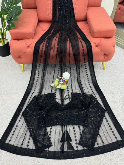 Beautiful Black Soft NetThread & Sequins work Saree