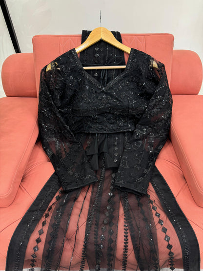 Beautiful Black Soft NetThread & Sequins work Saree