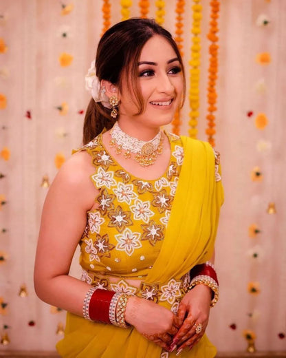 Yellow Georgette Ruffle Work  with Sequence Work Saree