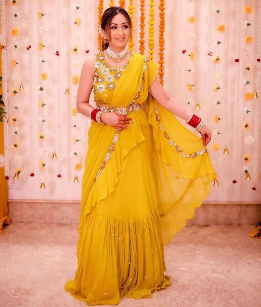 Yellow Georgette Ruffle Work  with Sequence Work Saree