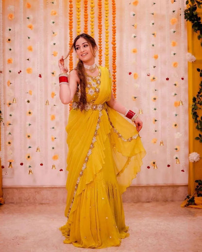 Yellow Georgette Ruffle Work  with Sequence Work Saree