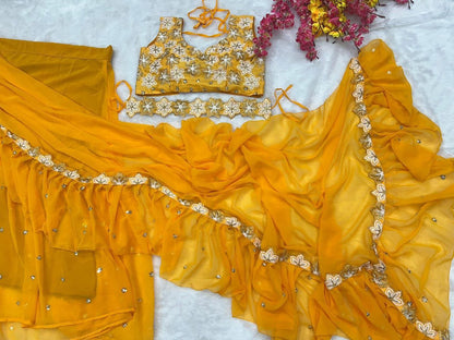 Yellow Georgette Ruffle Work  with Sequence Work Saree