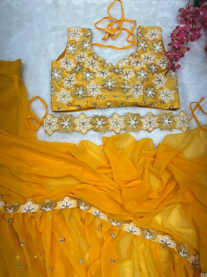 Yellow Georgette Ruffle Work  with Sequence Work Saree