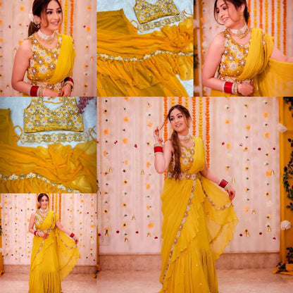 Yellow Georgette Ruffle Work  with Sequence Work Saree