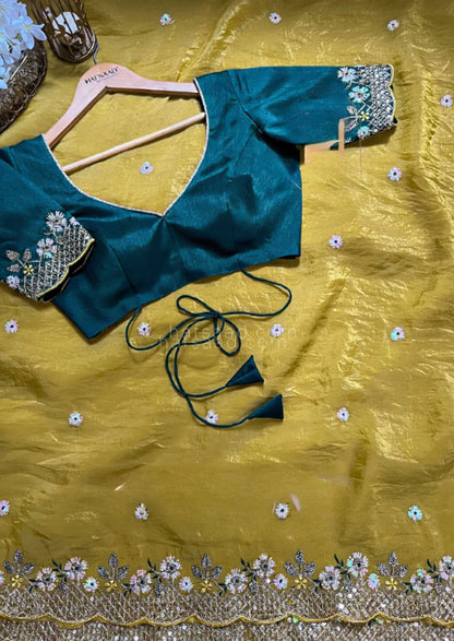 Parrot Green Crunchy Silk With Thread and Sequence Work Saree