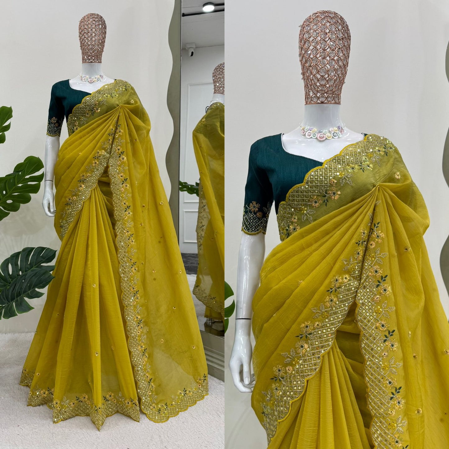 Parrot Green Crunchy Silk With Thread and Sequence Work Saree