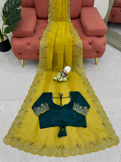 Parrot Green Crunchy Silk With Thread and Sequence Work Saree