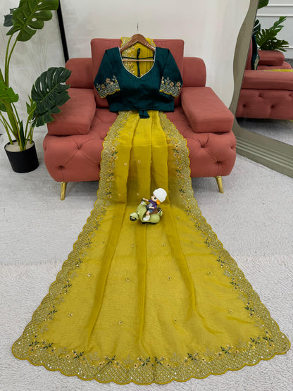 Parrot Green Crunchy Silk With Thread and Sequence Work Saree