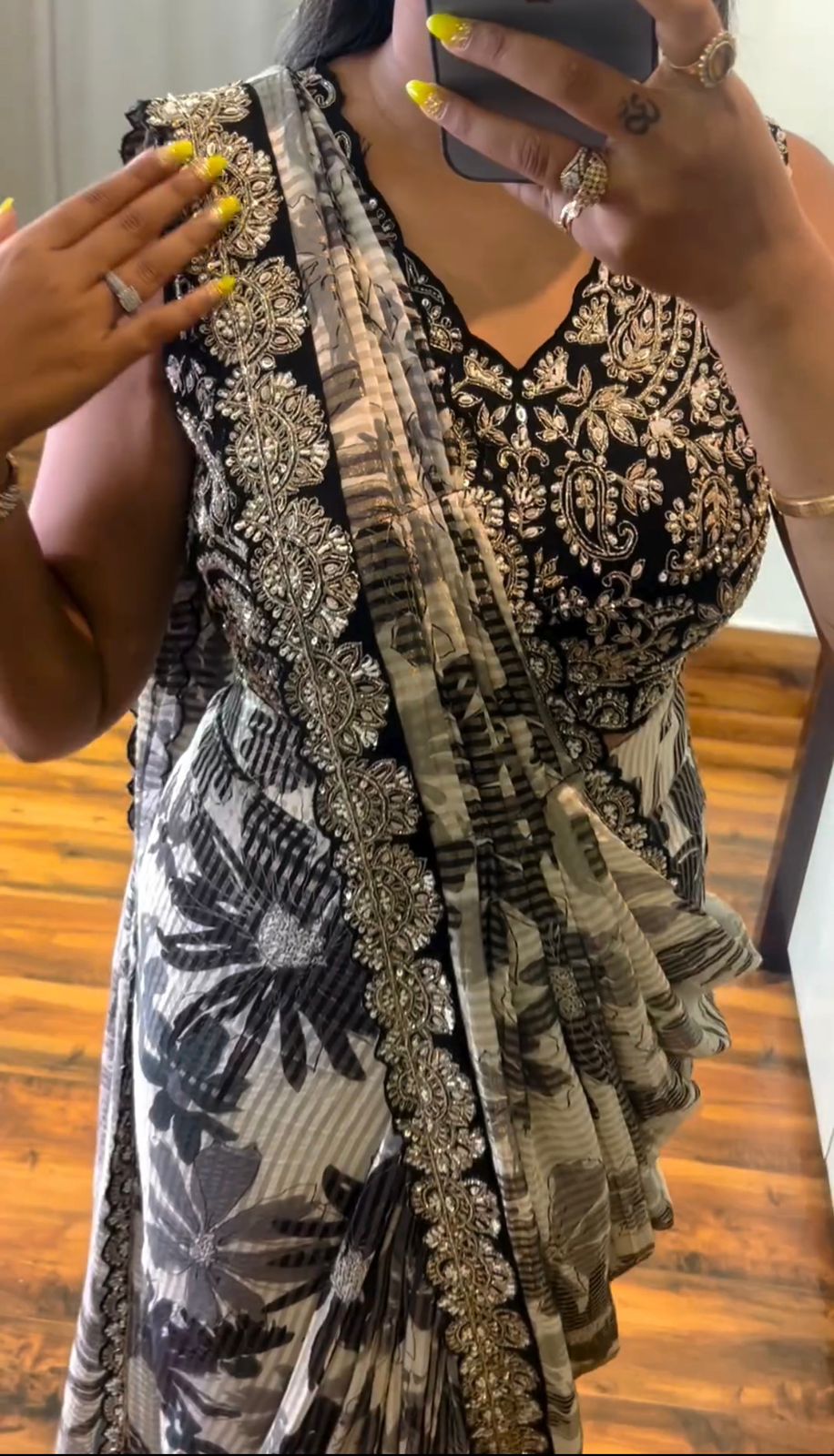 Black Georgette Cording Work With Digital Print Saree