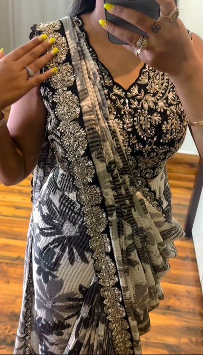 Black Georgette Cording Work With Digital Print Saree