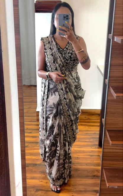 Black Georgette Cording Work With Digital Print Saree