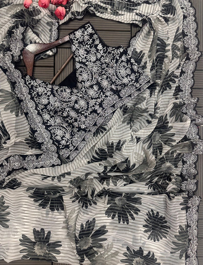 Black Georgette Cording Work With Digital Print Saree