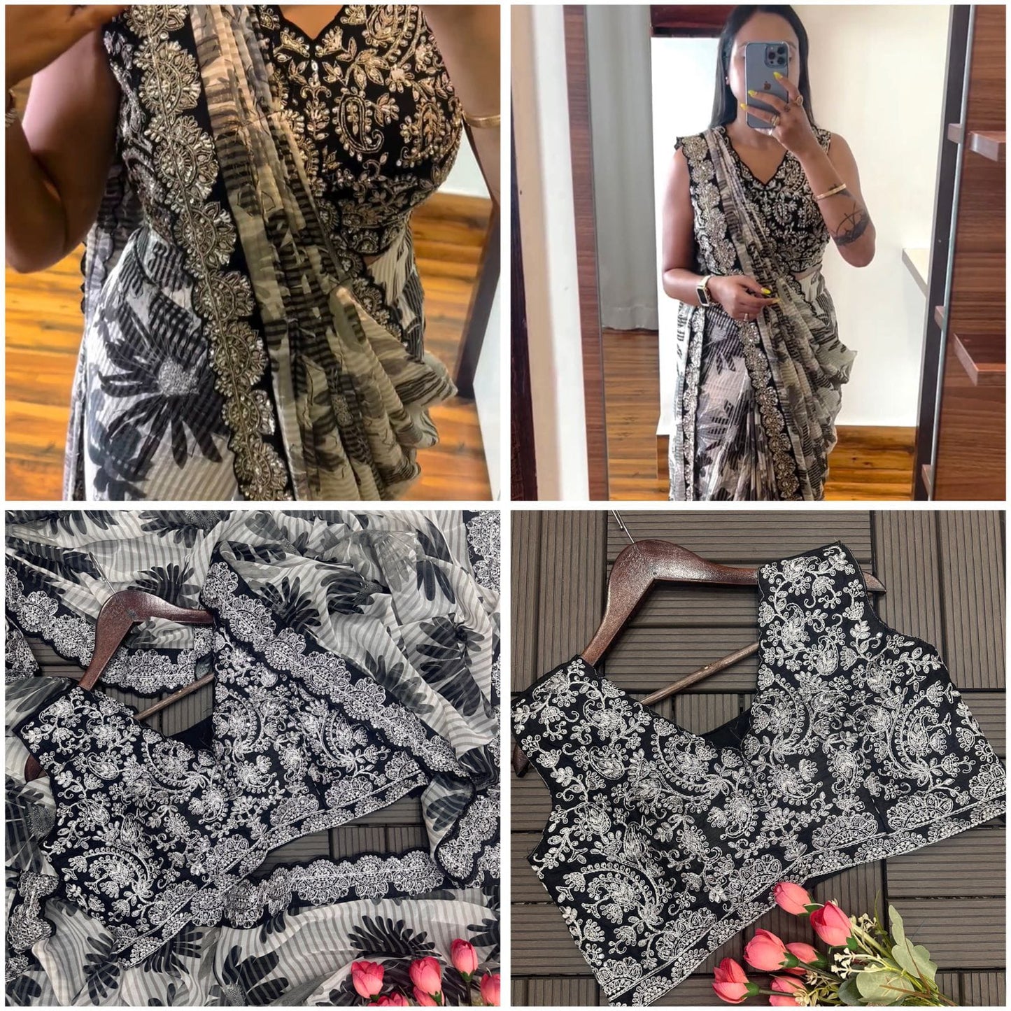 Black Georgette Cording Work With Digital Print Saree