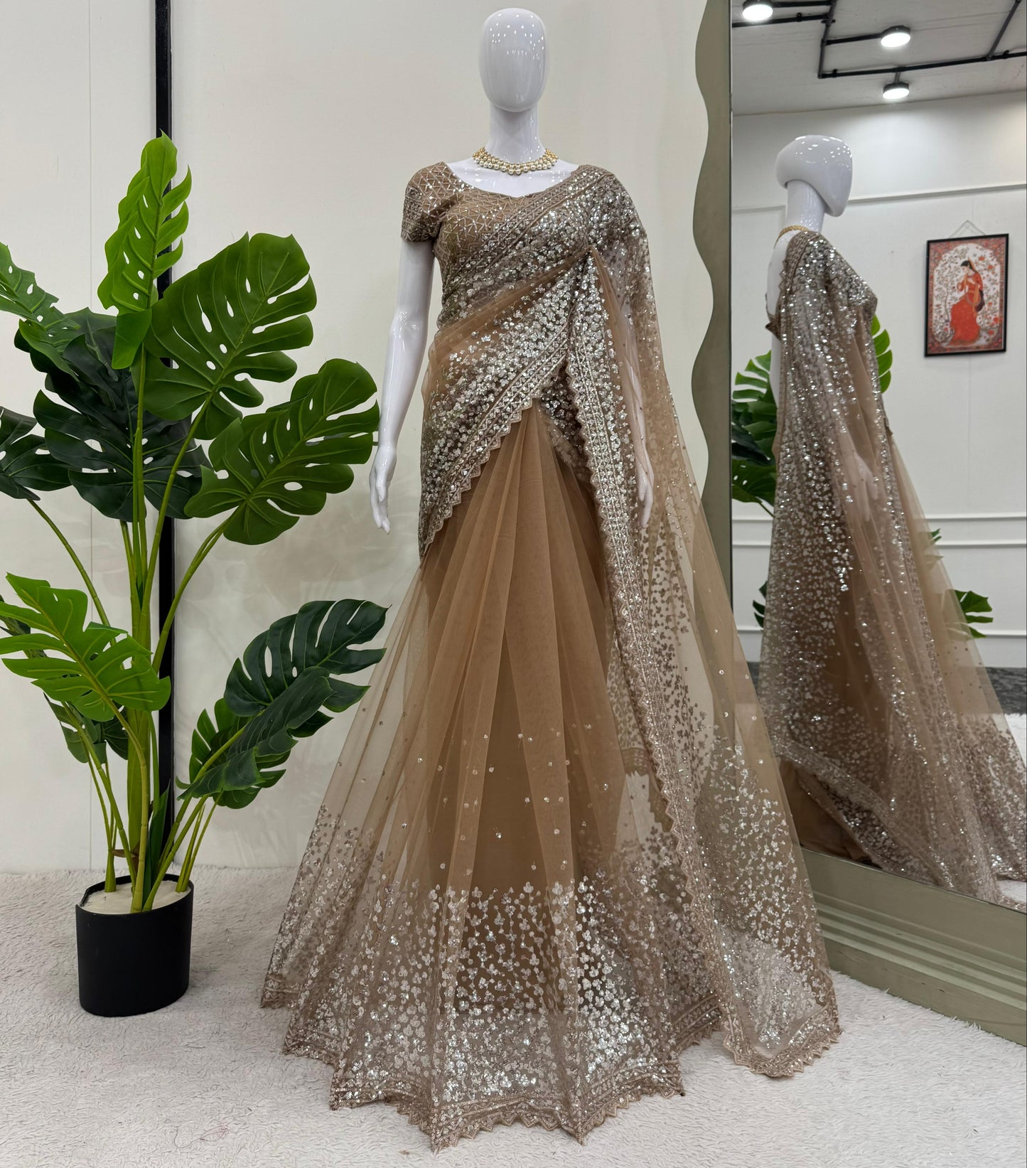 Cream Color Soft Net With Sequins work Saree