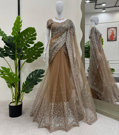 Cream Color Soft Net With Sequins work Saree
