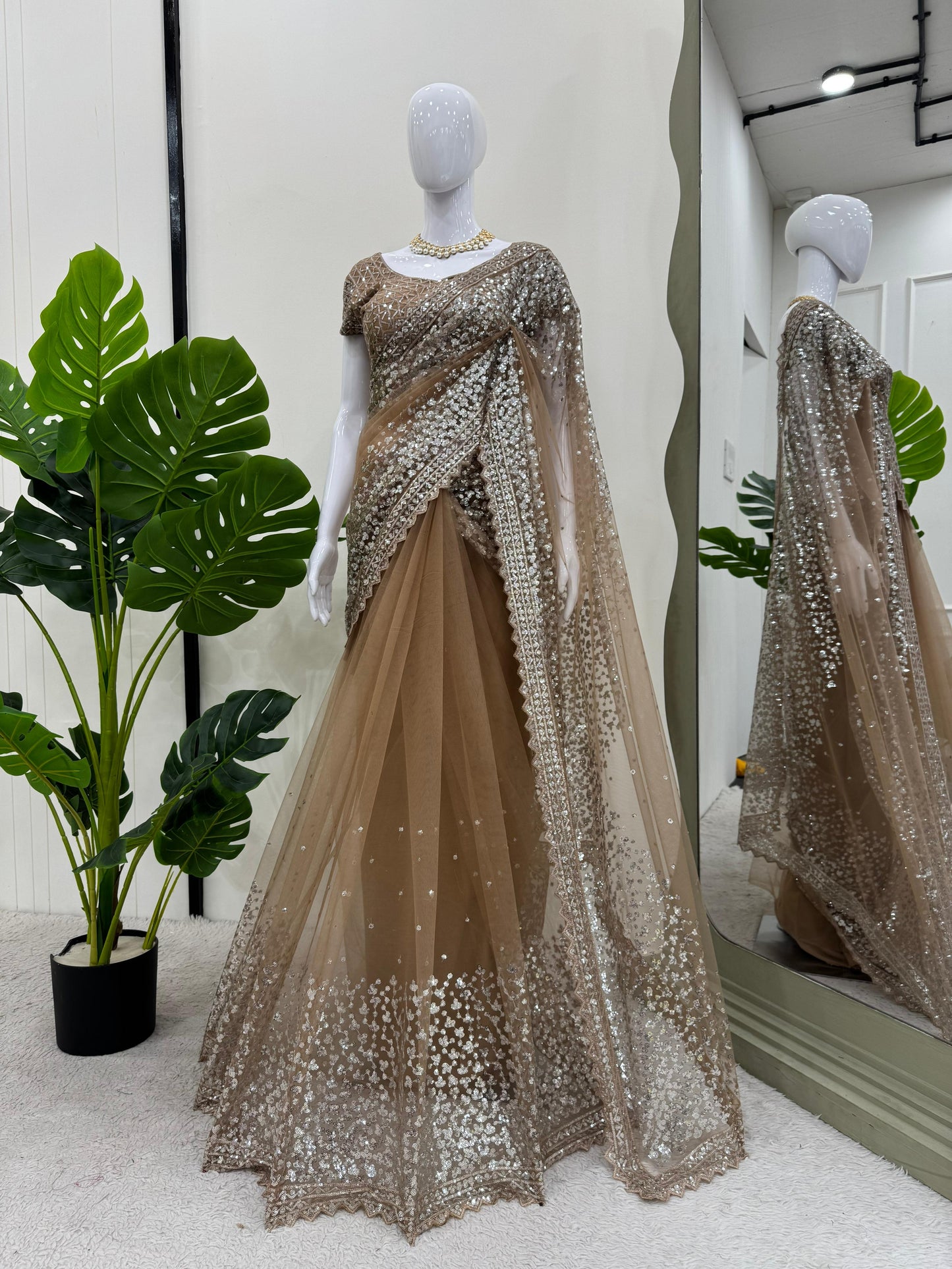 Cream Color Soft Net With Sequins work Saree
