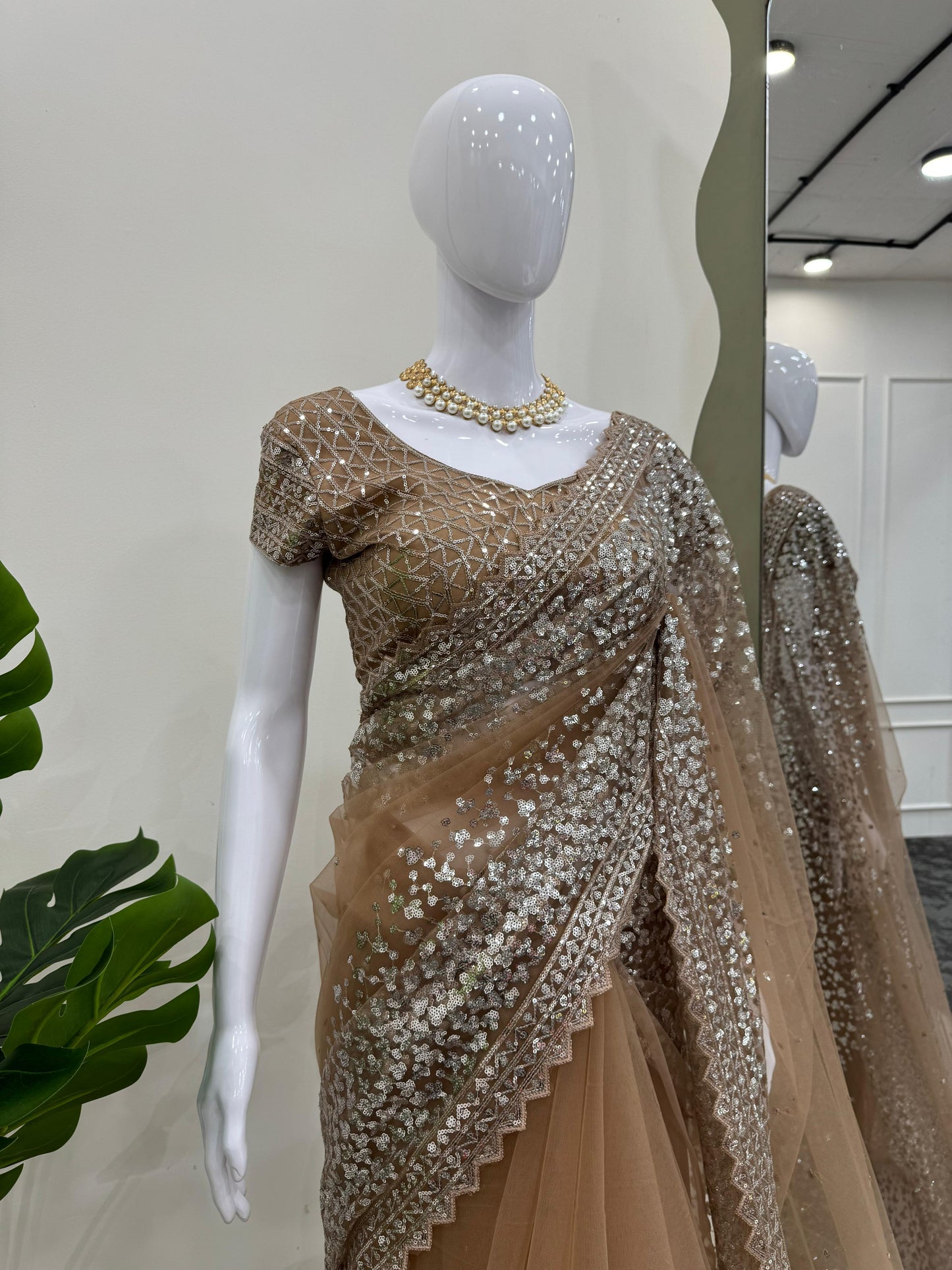 Cream Color Soft Net With Sequins work Saree