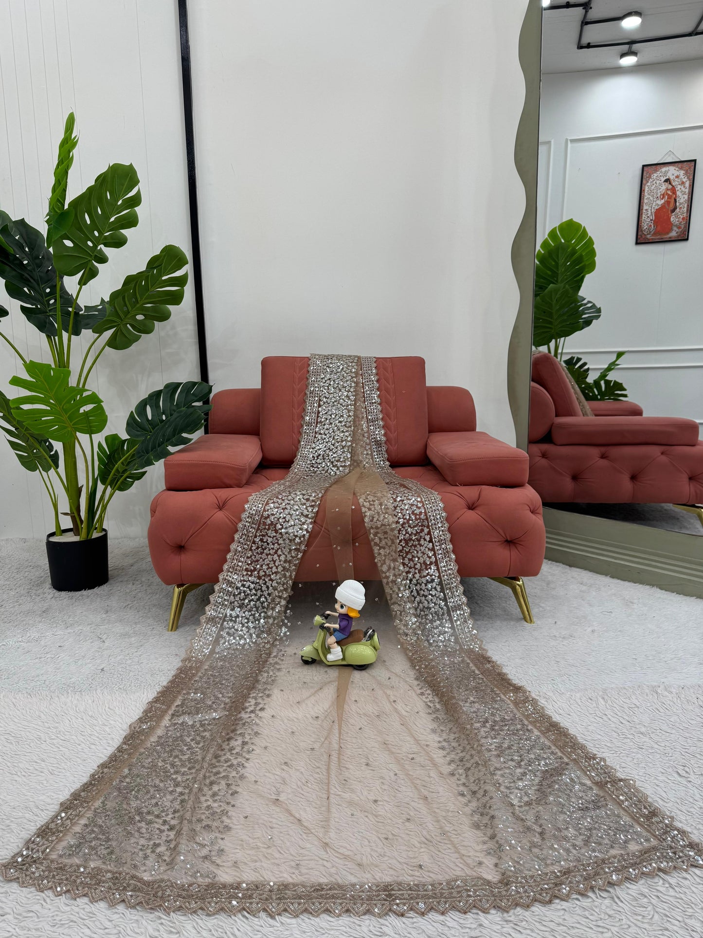 Cream Color Soft Net With Sequins work Saree