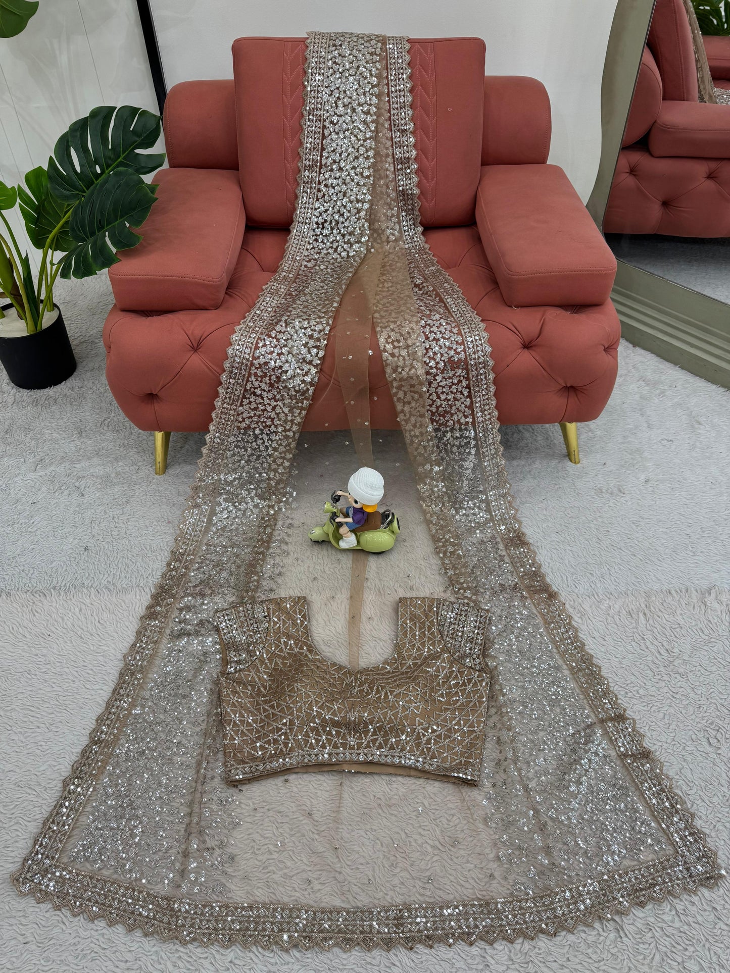 Cream Color Soft Net With Sequins work Saree